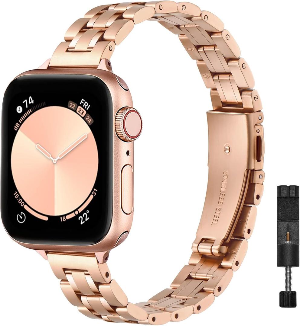 STIROLL Thin Replacement Band Compatible for Apple Watch 38mm 40mm 41mm 42mm(Series 11 10), Stainless Steel Metal Wristband Women Men for iWatch Ultra SE Series 9 8 7 6 5 4 3 2 1, Rose Gold