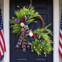 Suncalla Red White and Blue Wreath 4th of July Patriotic Wreath with Artificial Greenery Bow 16.5" 250th Anniversary American Flag Front Door Decorations for Independence Day Home Farmhouse Outdoor