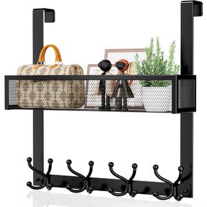 Consumest Over The Door Hooks Organizer - Over Door Hanger with 16 Hooks & 2 Baskets for Hanging Coat, Clothing, Towel, Back Storage for Bathroom, Closet, College Dorm, Black