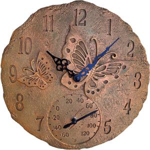 Lily's Home Hanging Wall Clock, Includes a Thermometer, Ideal for Indoor and Outdoor Use, Wonderful Housewarming Gift for Friends, or for Any Butterflies Lovers, Polyresin