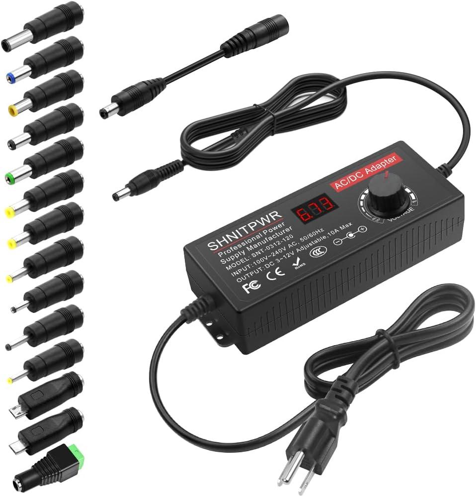 SHNITPWR 4V - 12V Power Supply 10A 120W AC to DC Adapter DC 4V 4.5V 5V 6V 7V 8V 9V 10V 11V 12V Voltage Adjustable Universal Power Converter Transformer 100-240V AC In with 14 Tips & Polarity Converter