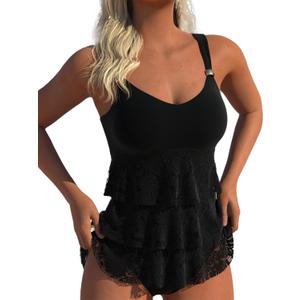 ROSEWE Womens Ruffle Tier Tankini Swimsuits, 2 Piece Set Swimwear, Bathing Suits with Mid Waisted Briefs (Medium, Black)