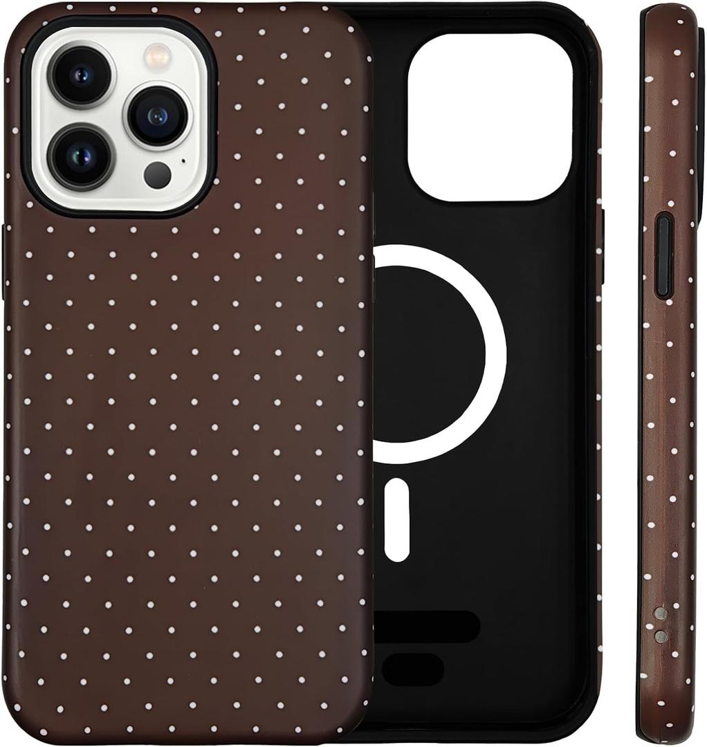 Magnetic Polka dot Phone Case for iPhone 16 Pro, Brown | Compatible with MagSafe, Dual-Layer Shock Protection(Hard PC + Silicone) - Aesthetic Protective Phone Cover for Women Girl