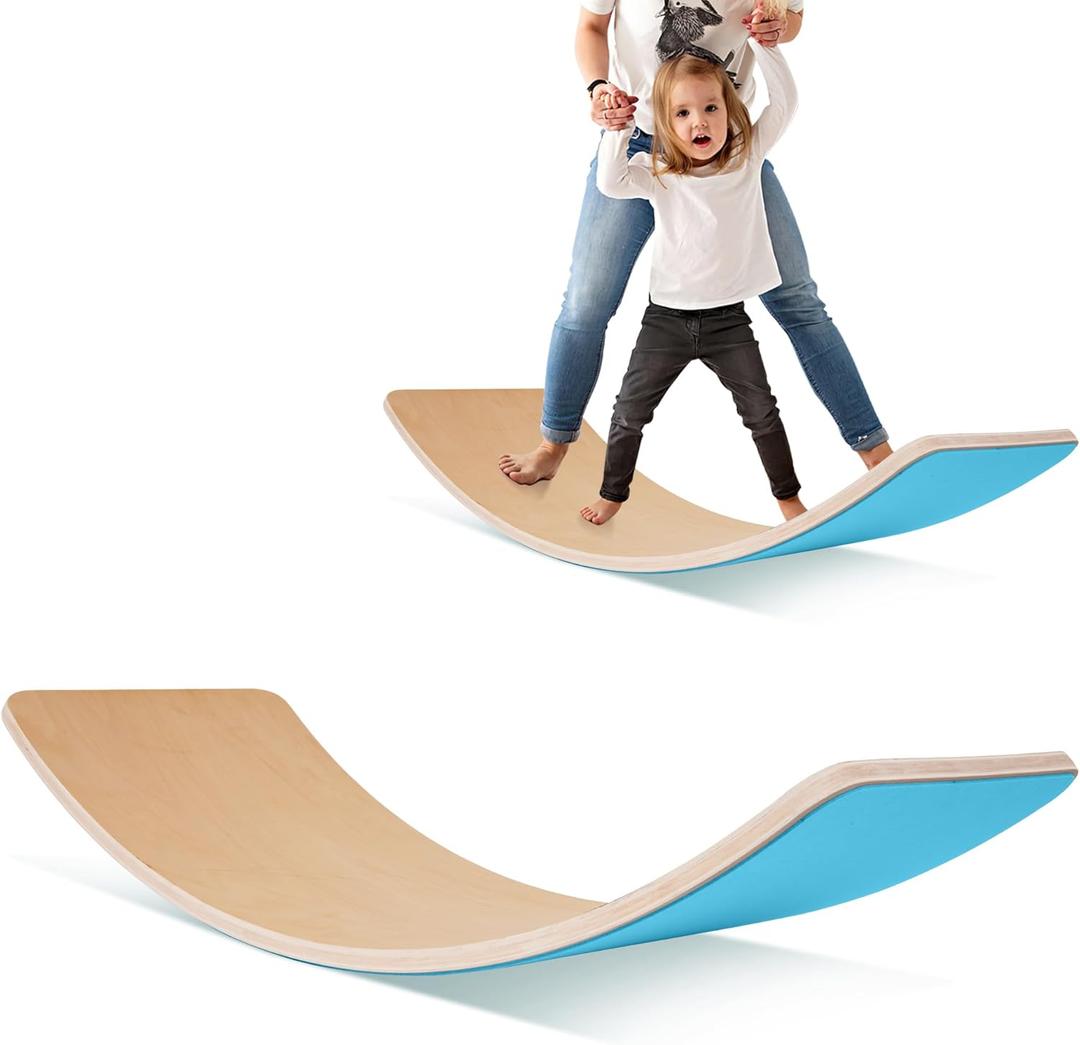 Fitvids Balance Board, 32 Inch Wooden Wobble Board, Montessori Rocker Yoga Curvy Board Natural Wood, Open Ended Learning Toy, Sensory Play Equipment for Office & Classroom, Multiple Colors (Aqua)