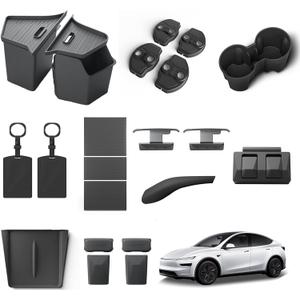 LUCKEASY Organizer for Tesla Model Y Juniper 2025+ Rear Trunk Storage Bins|Wireless Charging Pad|Seat Belt Buckle|Key Card|Center Mat|Glove Box Hook|Seat Hooks|Gear Shift|Door Lock Buckles|Cup Holder