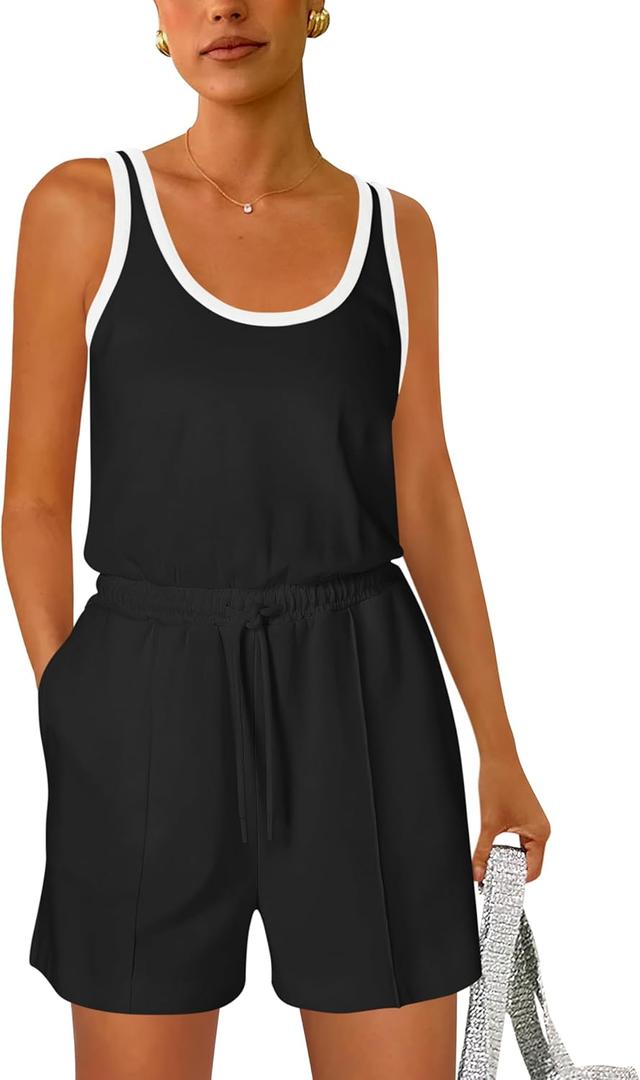 PRETTYGARDEN Rompers For Women Sleeveless Drawstring Waistband One Piece Short Jumpsuit Summer Casual Outfits With Pockets (Black, M) PRETTYGARDEN Rompers For Women Sleeveless Drawstring Waistband One Piece Short Jumpsuit Summer Casual Outfits With Pockets (Black, M)