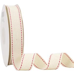 MEEDEE 7/8 inch Cotton Ribbon with Red Stitched Double Red Trim Cotton Ribbon for DIY Crafts, Gift Wrapping, DIY Crafts Projects, Party Wedding Natural Themed Events Decorating (25 Yards)