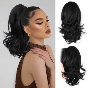 14 Inch Black Ponytail Extension - Soft Wavy Pony Tails Hair Extensions, Claw Clip Ponytail Extension, Natural Short Hair Extensions Ponytail, Synthetic Hair Pieces for Women (Color: Black)