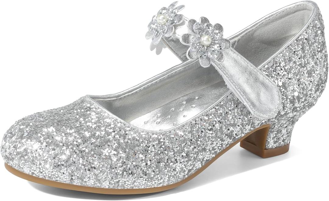 DREAM PAIRS Girls Mary Jane Dress Shoes Pumps Low Heels Flower Party Wedding Princess (11 Little Kid, Silver-glitter)