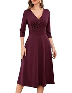 Bbonlinedress Women Vintage Cocktail Wedding Guest Church Dress V Neck Wrap 3/ 4 Long Sleeve Midi Tea Prom Dress Burgundy S