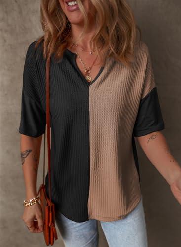 Dokotoo Womens Summer Tops Fashion 2025 Half Sleeve Fluffy Touch Waffle Knit Shirts Casual V Neck Colorblock Patchwork Blouse, Size L Dokotoo Womens Summer Tops Fashion 2025 Half Sleeve Fluffy Touch Waffle Knit Shirts Casual V Neck Colorblock Patchwork Blouse, Size L