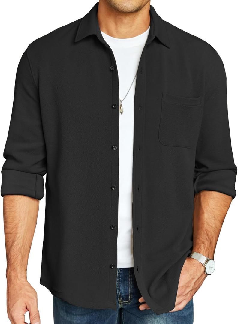 COOFANDY Men's Lightweight Shirt Shacket Long Sleeve Textured Button Down Shirts Casual Jacket (Black), S