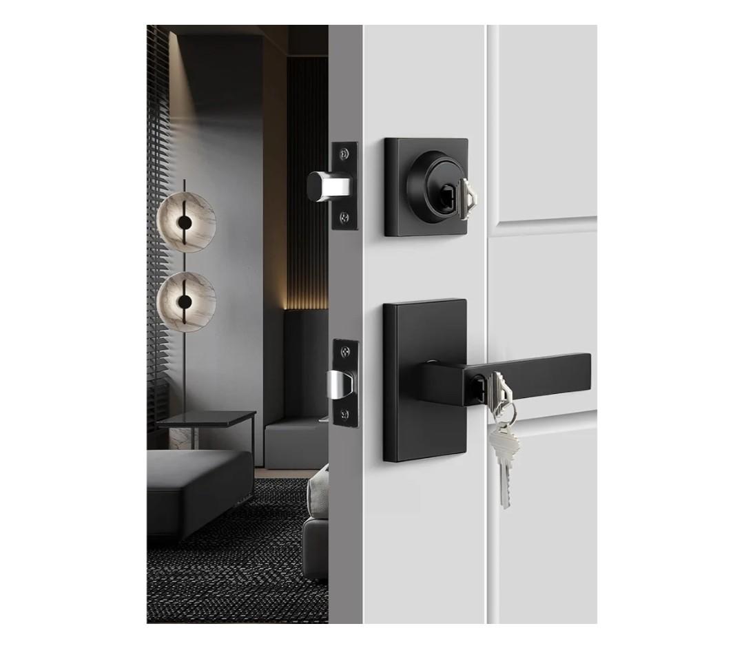 Black Exterior Door Lock Set, Front Door Lock Set with Deadbolt, Square Contemporary Matte Black Front Door Lock Sets, Heavy Duty Zinc-alloyed Exterior Door Handle (1 Pack)