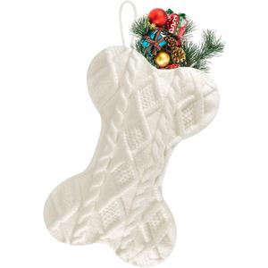 Doitory Dog Christmas Stocking, Large Bone Shape Knit Christmas Stockings for Dogs, Xmas Party Hanging Stocking for Fireplace Tree Gift Home Decoration (White)