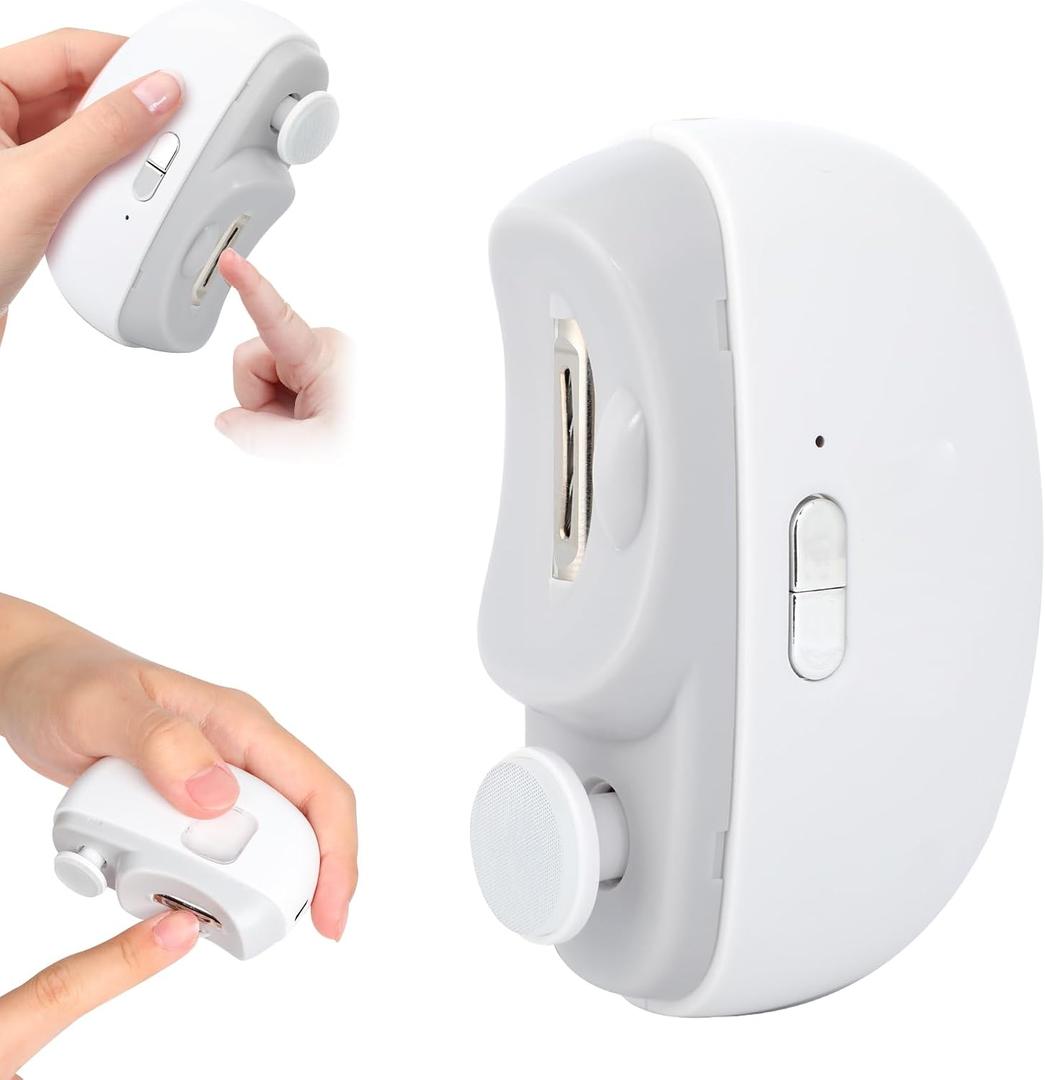 Automatic Nail Clipper Electric Nail Trimmer Polisher 3 in 1 Portable Fingernail Cutter with Light 2 Speeds File Nail Clip Storage Rechargeable Safety Trimmer for Seniors Adults Kids Baby (White)