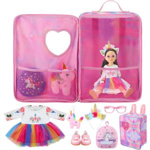 Wettarn 18 Inch Doll Carrier Set with Clothes and Accessories Including Doll Travel Bag, Dress, Shoes, Sunglasses, Backpack and Unicorn for Unicorn Birthday Gift(Pink)