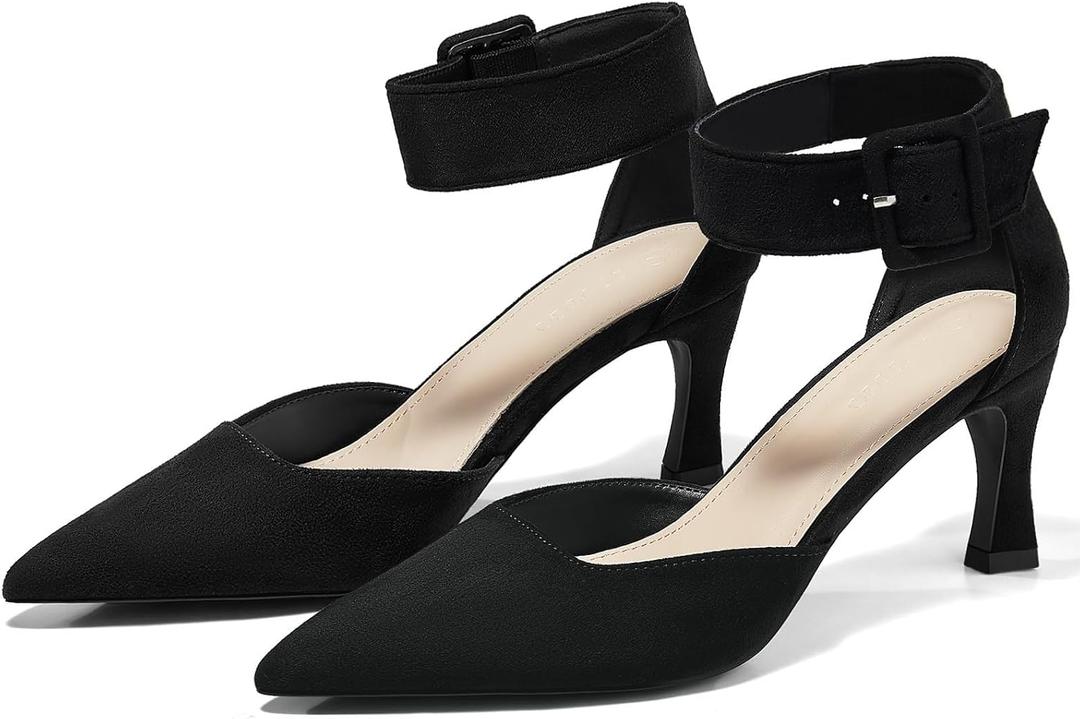 Coutgo Womens Kitten Low Heels Closed Pointed Toe Ankle Buckle Strap Pumps Suede Dress Wedding Shoes, Size 9