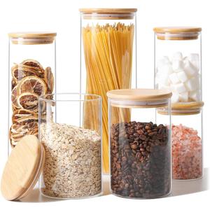 ComSaf Glass Food Storage Jars Set of 6, Clear Glass Storage Containers with Lids, Canisters Sets for the kitchen, Spaghetti, Pasta, Flour, Nuts, Oat, Coffee and Sugar Container, Pantry Organization