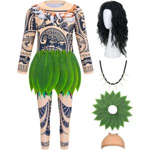RAAIBB Kids Maui Costume Set Ocean Costume Boys Printed Tattoos Shirt Pants Wig Necklace Cosplay Theme Party Costume Outfits (3T(90))