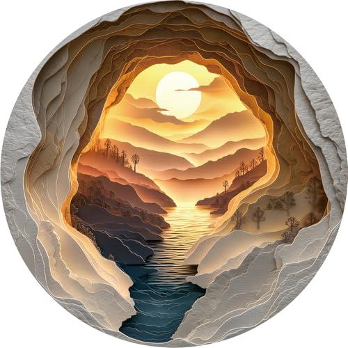 Zhiseoyi 3D Visual Art Puzzles for Adults, 500 Piece Cave Sunset River Jigsaw Puzzle for Adults, Scenic Circular Landscape Puzzle 500 Pieces, Challenging Family Puzzle, 22 x 22 inches