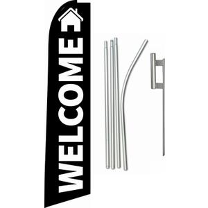 Swooper Feather Flag Kit 15ft Real Estate Welcome Black w/Ground Spike and Pole