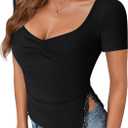 Rooscier Women's Sweetheart Neck Ruched Lace Slit Short Sleeve Sexy Going Out T Shirt Tops (Black)