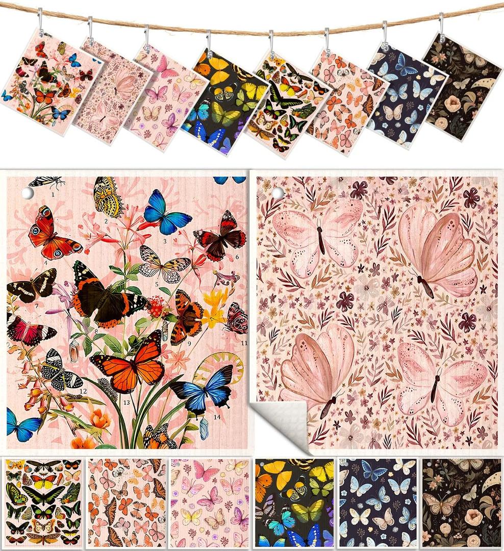 8 Pack Reusable Kitchen Swedish Dishcloths for Washing Dishes Cloths Absorbent Fast Drying Cleaning Sponge Cute Decorate Washable Swedish Towels, Butterfly