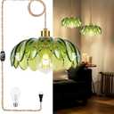 Plug in Pendant Light Hanging Lights with Plug in Cord Boho Hanging Lamp Glass Gold Mid Century Modern Vintage Dimmable Green Flower Plug in Chandelier Ceiling Fixture for Living Room,Kitchen
