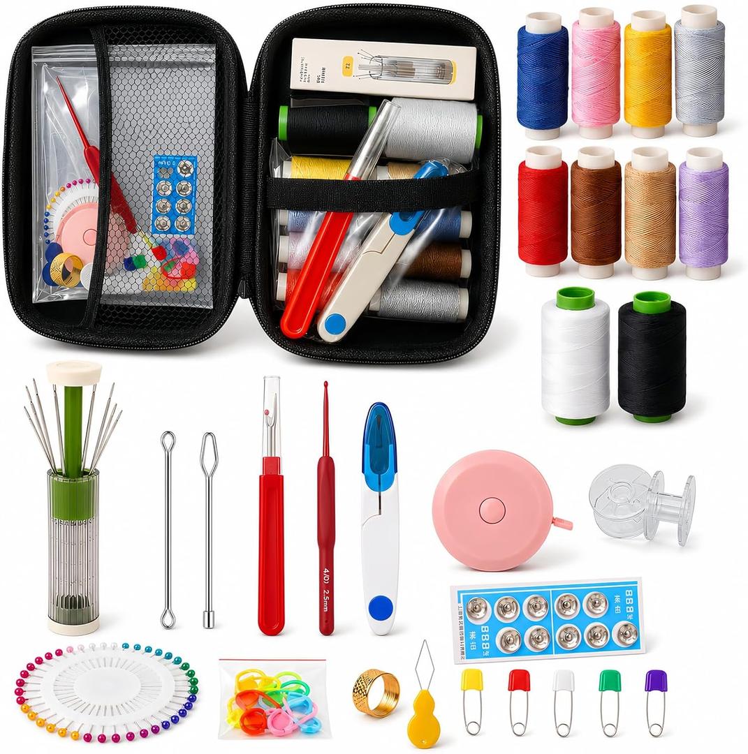 Sewing Kit for Adults, Needle and Thread Kit with Portable Case, 10 Thread Colors, Automatic Needle Holder, Threaders, Crochet Hook, Seam Ripper and Pins for Travel Home