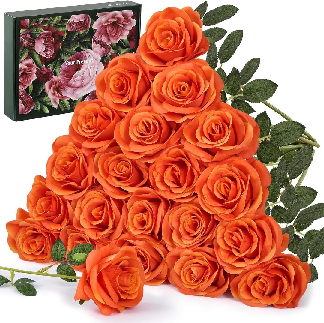 Faylifeway 20PCS Artificial Light Orange Roses, 3.9'' Silk Flower Head Fake Light Orange Rose with Long Stems, Realistic Faux Roses Bouquet for Mother's Day DIY Wedding Home Party Office Decoration