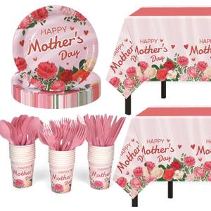 Childom Mothers Day Decorations for Party,132 Pcs Disposable Mothers Day Plates Tablecloth Cups Knives Spoons Forks for Party Supplies,Plates Tableware for Moms Birthday,Home,Brunch,Dinner,Serves 26