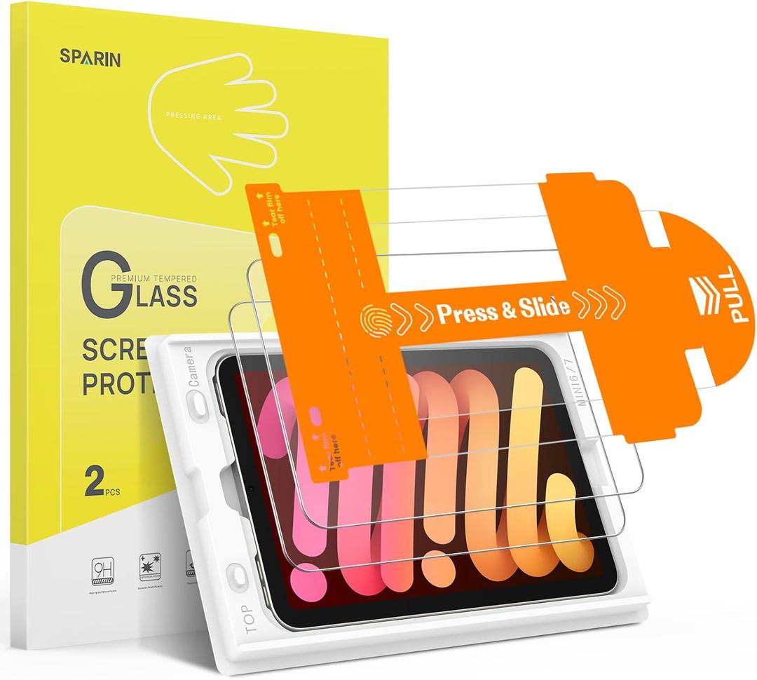 SPARIN Screen Protector for iPad Mini 7 8.3 inches 2024 (A17 Pro)/iPad Mini 6 2021, [2 Pack] for iPad Mini 7th/6th Generation Tempered Glass, Auto Alignment/Easy Installation Tray/Case Friendly