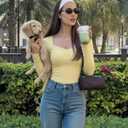 SUUKSESS Women Sweetheart V Neck Long Sleeve Tops Lace Trim Ribbed Modal Fall Going Out Shirts (Yellow, S)