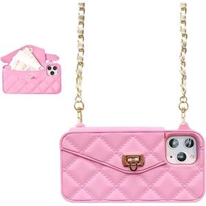 UnnFiko Wallet Phone Case Compatible with iPhone 16 Pro Max, Cute Light Luxury Bag Design, Purse Flip Card Pouch Cover Soft Silicone Case with Handstrap Long Shoulder Strap (Pink, iPhone 16 Pro Max)