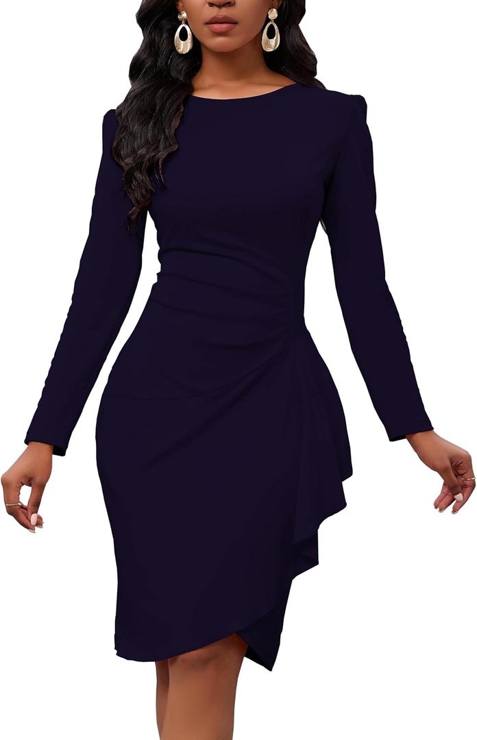 Women's Long Sleeve Bodycon Dress Crew Neck Ruched Wrap Wear to Work Church Midi Pencil Dress Elegant, S