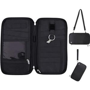 WALNEW RFID Family Passport Holder Wallet with Tracker/AirTag Holder, Travel Document Organizer Zipper Pouch with Wristlet and Cross Body Straps for Women Men (Black)