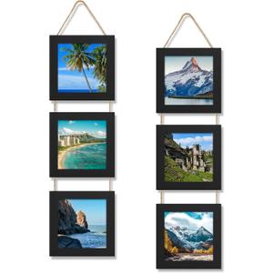 6x6 Collage Picture Frames Set of 2, Rustic Wooden Real Glass Vertical Hanging 3 Opening 6 by 6 Photo Frame, Black