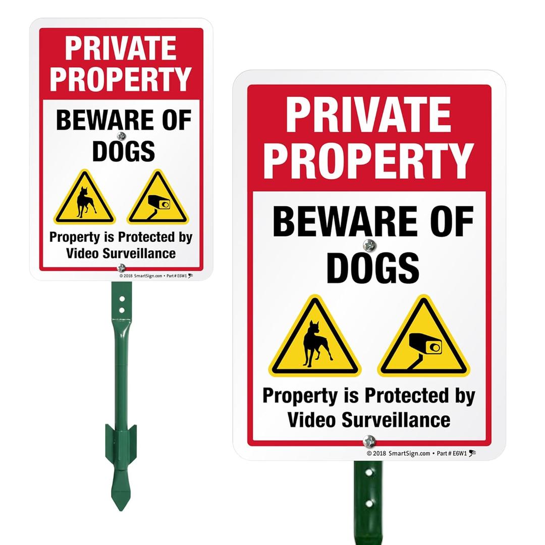 SmartSign Private Property Beware of Dogs Sign with Stake | 21" Tall Sign & Stake Kit - Property Protected by Video Surveillance For Yard/Lawn | 10x7 Inches Aluminum Made in USA