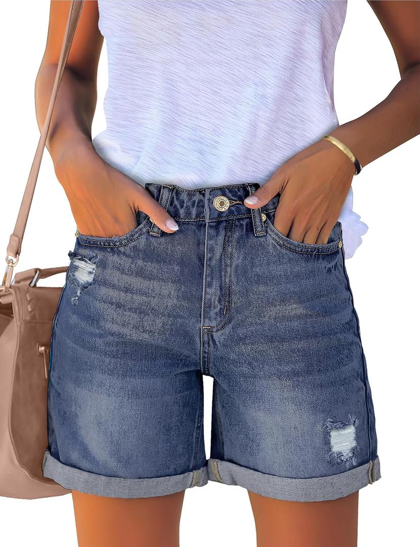 luvamia Women's Casual Ripped Denim Shorts High Rise Distressed Rolled Hem Jeans Shorts (Blue, M)