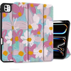 MEEgoodo Case for M5 iPad Pro 11 inch 2025/M4 iPad Pro 11 inch Case 2024, Tablet Cover with Trifold Stand & Pencil Holder & Auto Wake/Sleep & Soft TPU Back Cover, Art Plants Floral