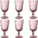 Taganov Vintage Glassware Purple Water Goblets Drinking Colored Wine Glasses set of 6 Pink Embossed Drinkware Stemware 10 oz for Wedding Party Bar Christmas