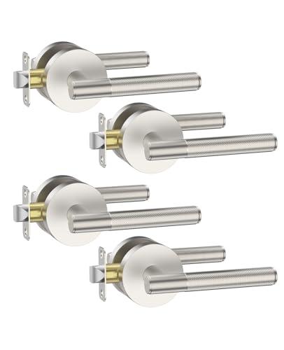 Asidrama 4 Pack Passage Brushed Satin Nickel Door Handles, Door Lever with Door Knobs Indoor for Bedroom or Bathroom, Heavy Duty Door Handles Interior with Locks for Left Right Sided Doors