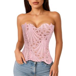 LEACOOLKEY Lacework Corset Top for Women Sexy Textured Sheer Floral Lace Bustier Going Out Lace-up Corset Overbust Top (Light Pink) XS