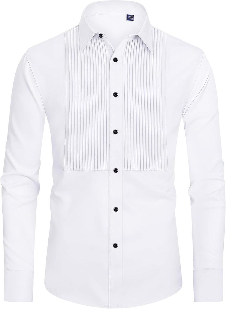 J.VER Men's Tuxedo Shirt Formal Dress Shirt Pleated Long Sleeve Button Down Shirts for Prom Party Wedding (Medium, White)