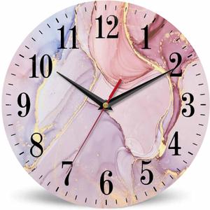 Mxocom Pink Fluid Art Painting Wall Clock Luxury Abstract Transparent Waves and Golden Swirls 10 Inch Silent Non Ticking Battery Operated clock Vintage Round clock for living room Bedroom Office decor