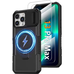 Phone Case for iPhone 13 Pro Max, with Magnetic Ring Stand [2X Glass Screen Protector] [Compatible with MagSafe] Military Grade Case with Camera Cover, Shockproof Cover for iPhone 13 ProMax, Black