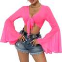 Mesh Tops for Women Bell Sleeve Rave Outfits Tie Front Crop Top Long Sleeve Shirt Sheer Blouse Festival, Small, Hot Pink