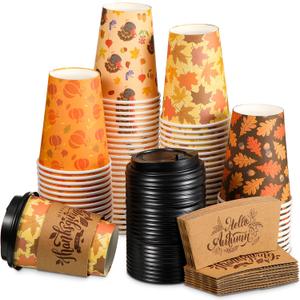 Yungyan 100 Pack 12 oz Fall Disposable Coffee Cups with Dome Lids and Sleeves Thanksgiving Autumn Insulated Paper Hot Cups for Hot Cold Drinks Beverage Thanksgiving Party Dinner Supplies