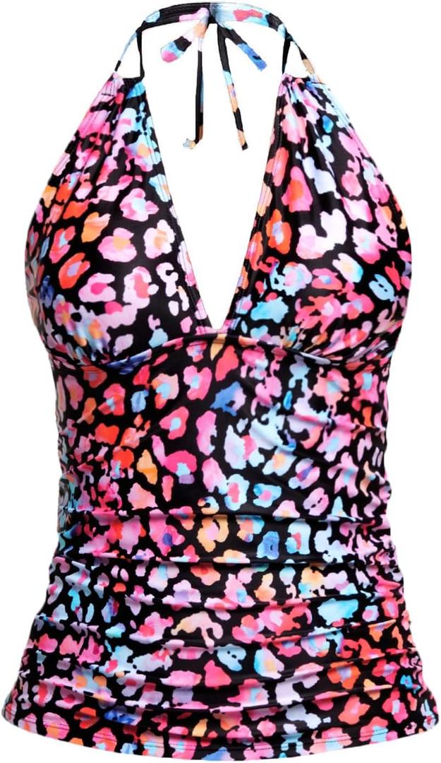 Yonique Women's Halter Tankini Top V Neck Swim Top Tummy Control Bathing Suit (Large, Colorful Leopard)