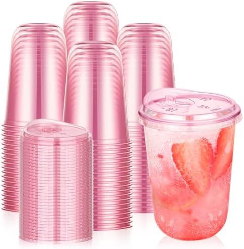 tchrules 100 Set 16oz Pink Plastic Cups with Sip Lids, Disposable Round Bottom Iced Coffee Cup with Lid Pink Clear To Go Drinking Cup Bulk for Cold Drinks Slushie Valentine Bachelorette Party Supplies
